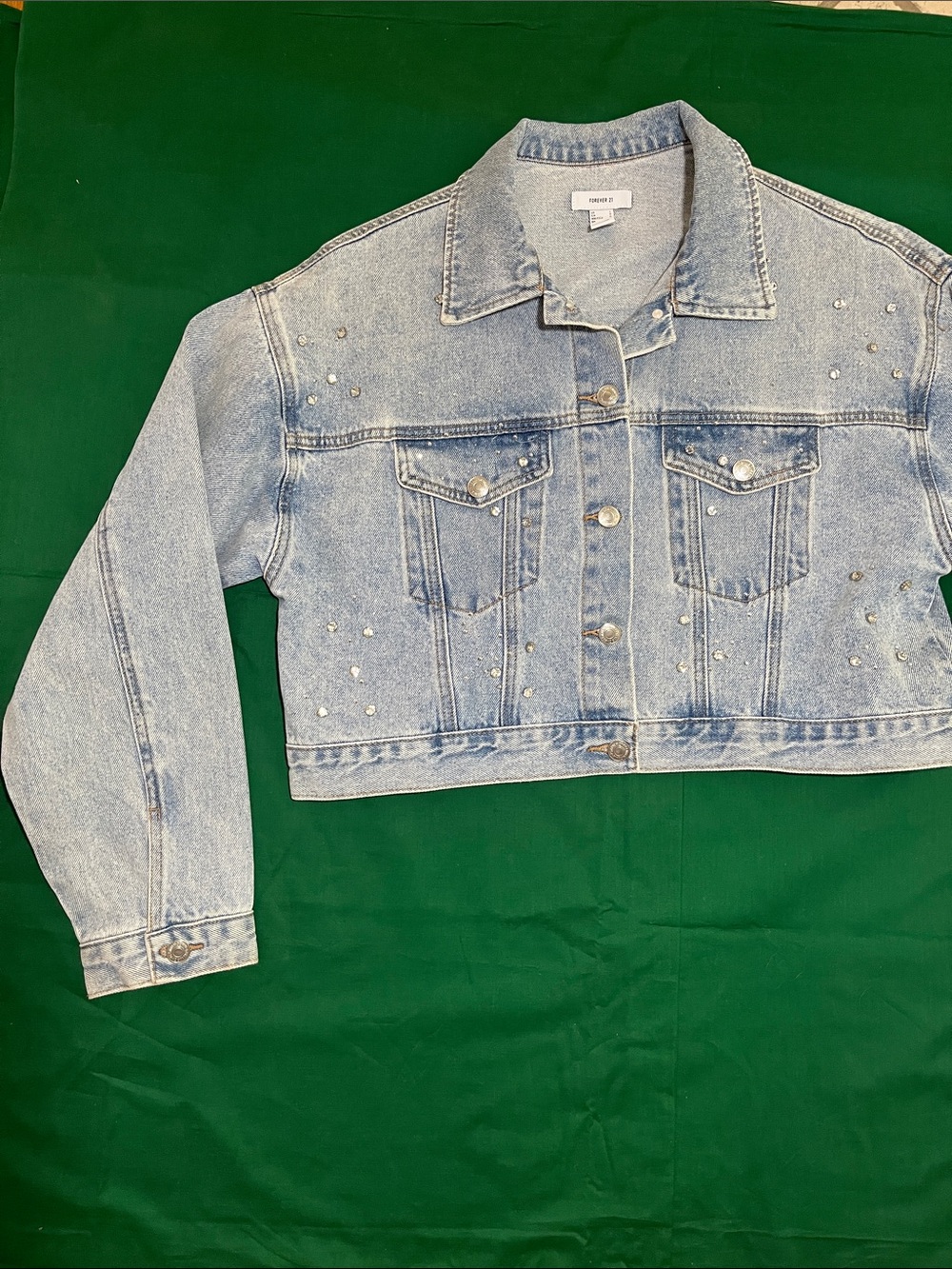 Forever 21 Light Blue Stud-Embellished Cropped Denim Jacket
